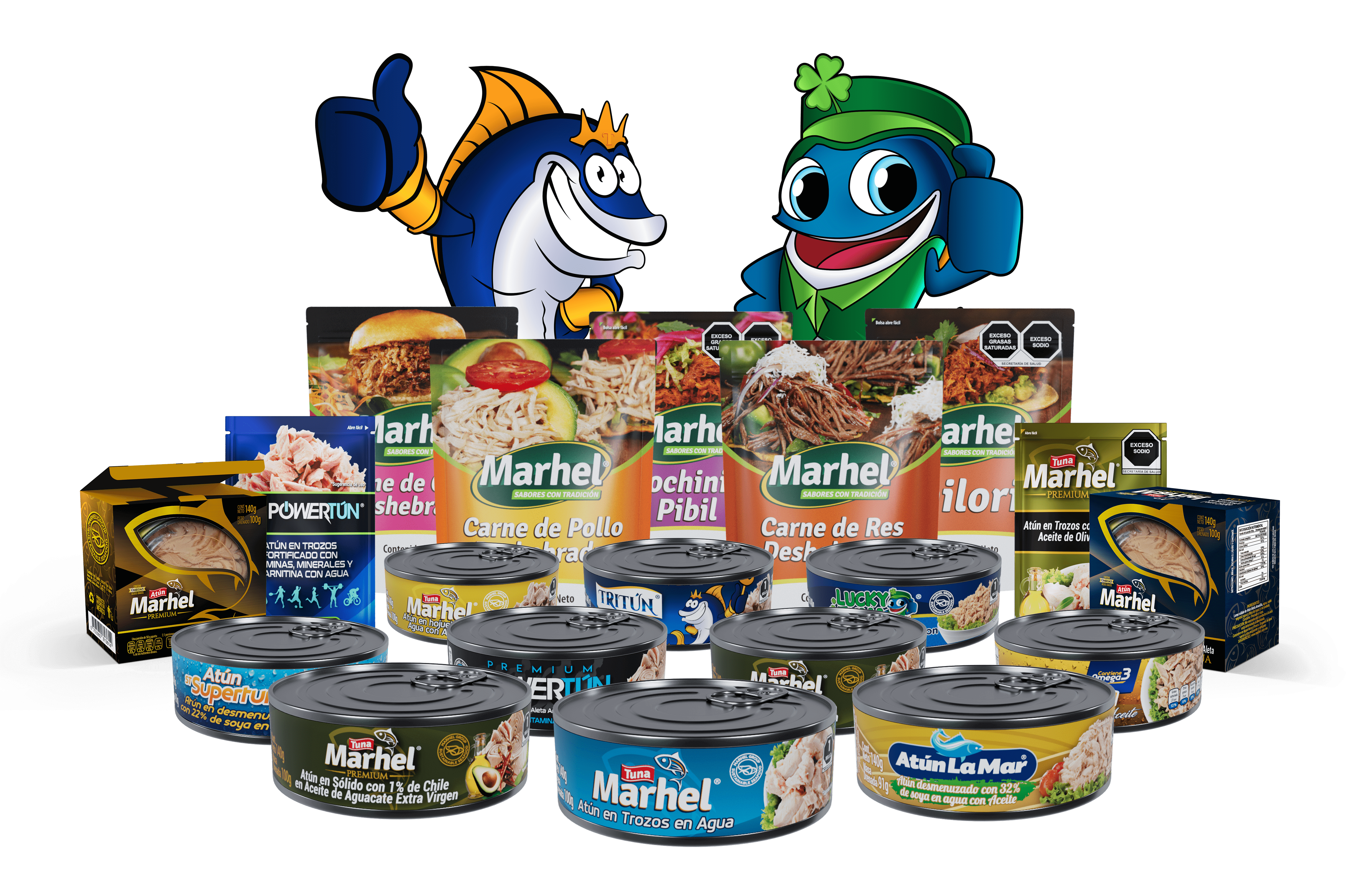 Productos Marhel incluyendo atún, carne deshebrada, carne cocida al vacío, pouchd e carne